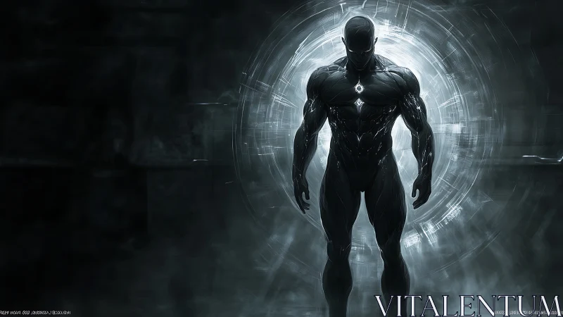 Dark humanoid figure before luminous circular portal form.