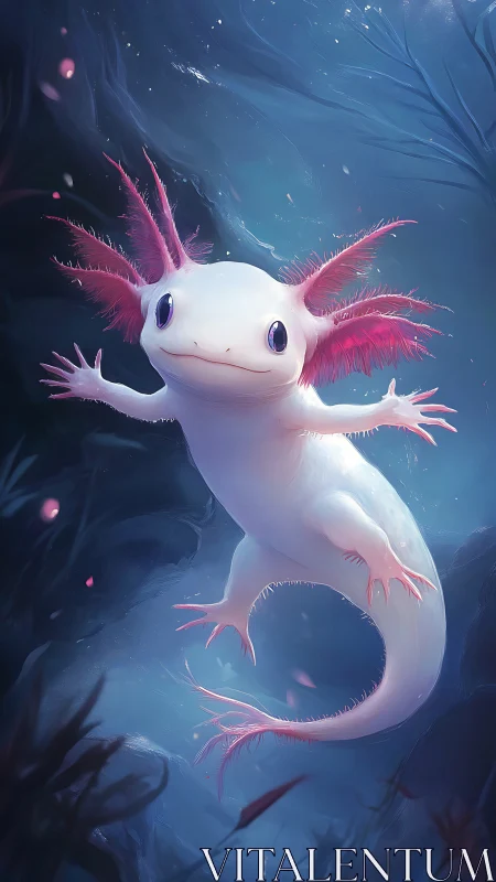 Whimsical axolotl drifting through luminous blue depths.