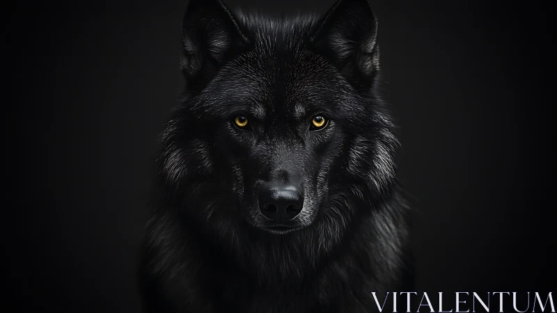 Black wolf portrait shows piercing golden eyes in darkness