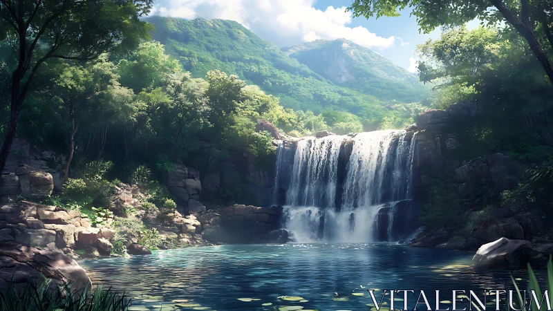 Gentle forest waterfall welcomes quiet reflection and calm