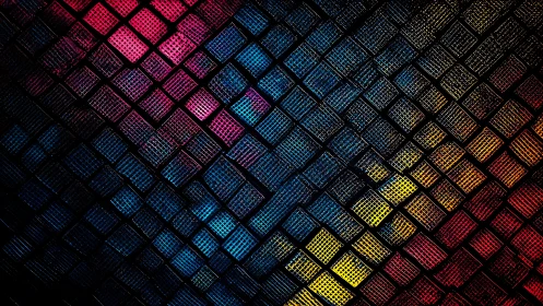 Diagonal grid of textured colored tiles under high contrast lighting