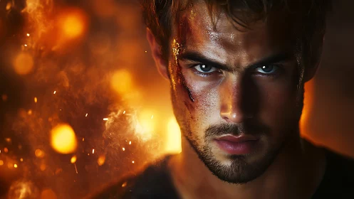 Battle-worn man framed by embers and intense firelight.