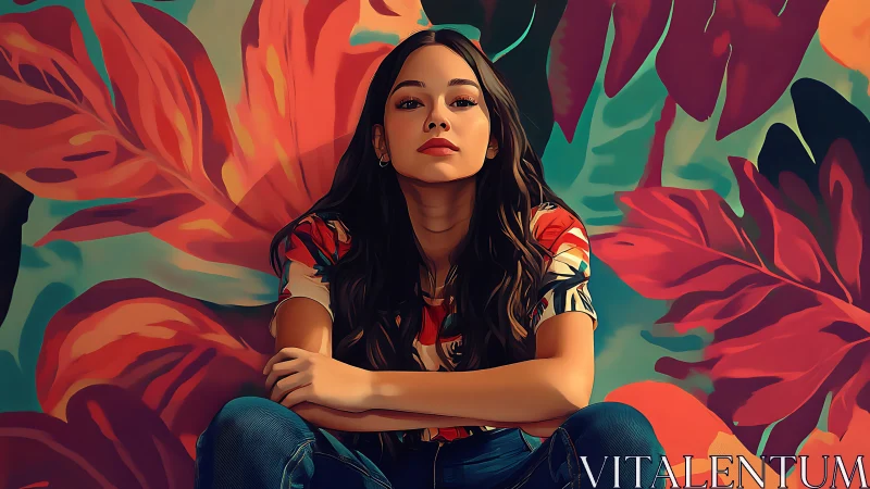 Confident young woman against stylized tropical foliage.