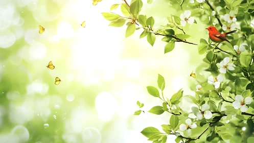 Scarlet songbird rests among blooming spring branches.