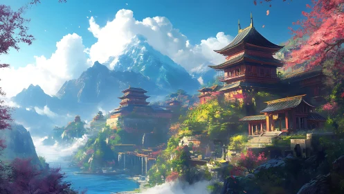 Tranquil mountain temples glowing in soft spring light.