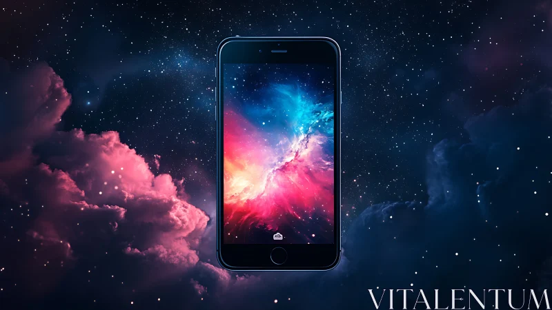 Smartphone portal suspended in luminous cosmic nebulae.