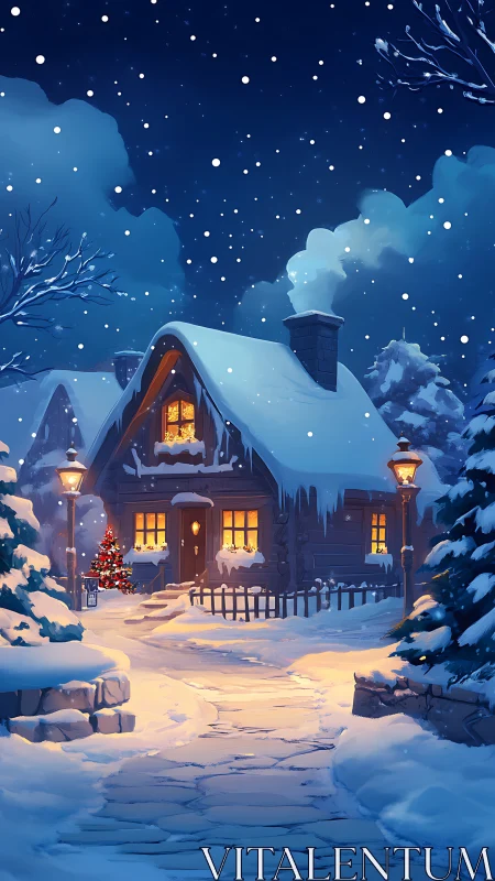 Snow covered cottage with lampposts on winter night.