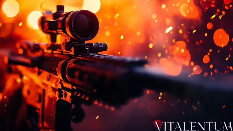 Rifle Scope's Fiery Vigil: Precision Bathed in Molten Glow.