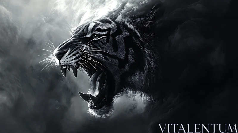 Roaring tiger head emerging from swirling dark clouds.