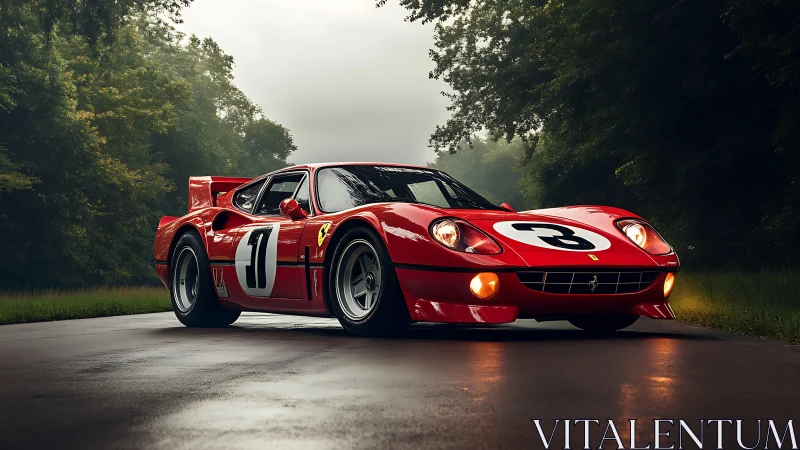 Vintage red race car waits on misty forest track at dusk