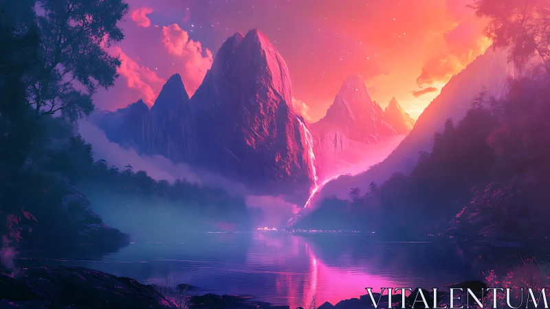 Neon twilight mountains rise above reflective misty lake