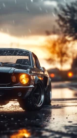 Classic muscle car on wet street at sunset in rain.