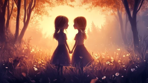 Silhouetted Figures in Luminescent Forest Clearing.