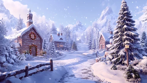Snowy mountain village with decorated winter cabins.