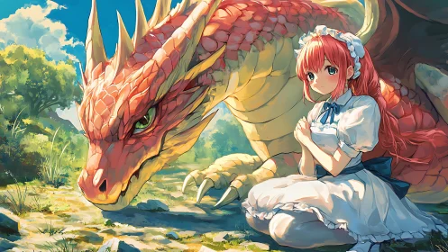 Red dragon and maid share quiet moment in sunlit meadow