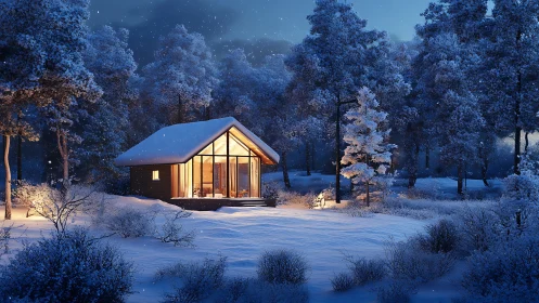 Winter forest hush cradles a lantern bright glass cabin