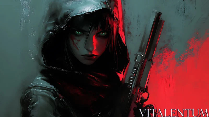 Hooded gunfighter in red light with intense green gaze.