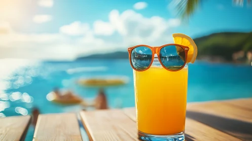 Tropical Beach Refreshment. Orange Sunglasses Frame Citrus Juice.