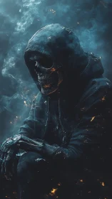 Hooded ember-skulled wanderer waits inside blue smoke