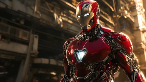 Armored sentinel glows in molten light of steel canyons.