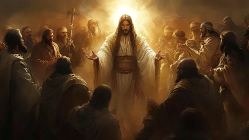 Radiant spiritual teacher surrounded by followers in warm light.