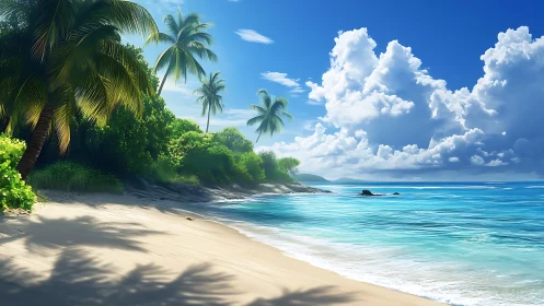 Tropical Coastal Landscape with Palms, Sandy Beach, Crystalline Waters