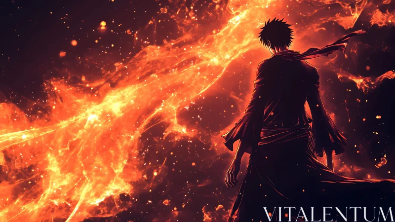 Lone warrior silhouette beside erupting cosmic firestream.