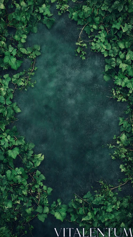 Green foliage frames a textured dark green central surface