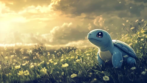 Cute blue turtle character sits in glowing sunset meadow.