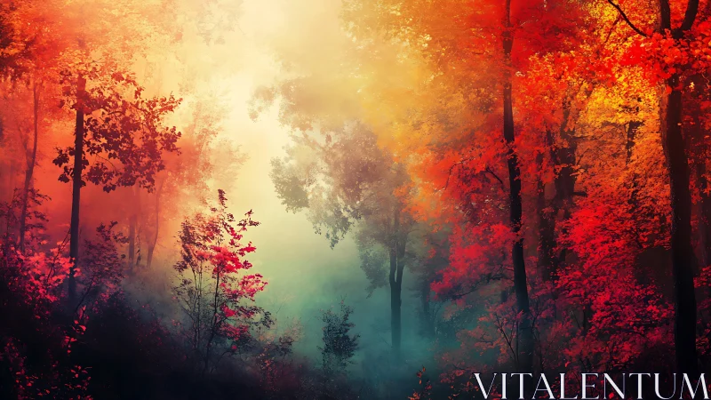 Autumnal Forest Landscape with Volumetric Light and Color Gradient Atmospheric Effect