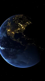 Photorealistic Earth nightscape with illuminated continents edge.