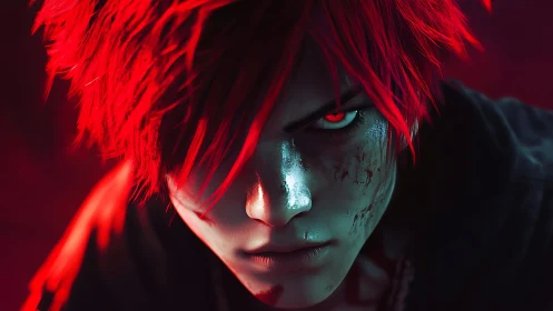 Fierce red haired warrior in glowing neon shadows.