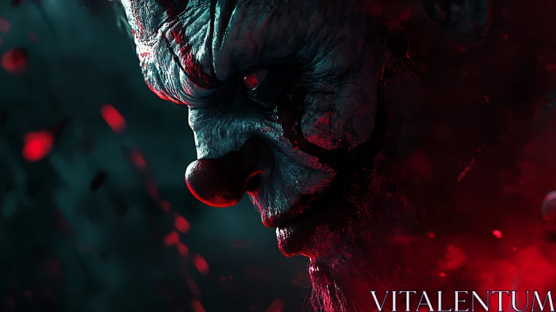 Sinister clown profile emerges from blood red shadows.