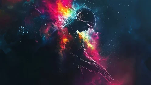 Silhouetted soldier with neon cosmic color explosion.