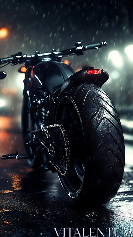 Rear tire prowls through neon rain on a midnight street