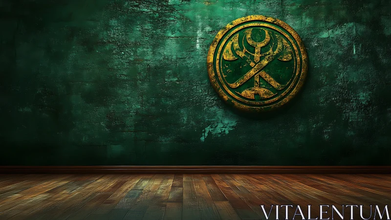 Aged gold emblem on textured green wall above polished wood floor