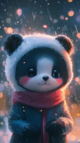 Snowy night panda cub wears red scarf in soft bokeh glow