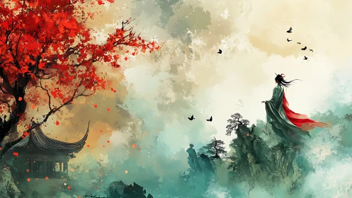 Wandering soul above misty cliffs and crimson autumn tree.