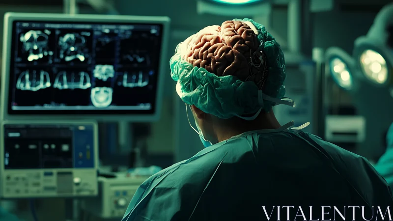 Neurosurgeon in OR with exposed brain and cranial imaging display