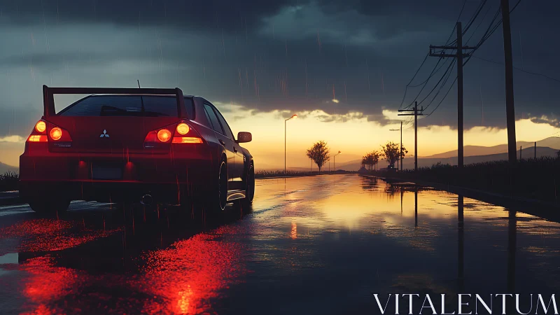 Red sports car reflects on wet highway at storm sunset