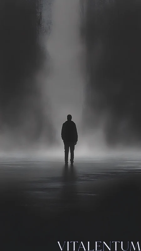 Backlit human silhouette against dense vertical fog curtain