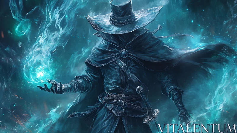 Hooded spellcaster with sword in blue spectral energy field.