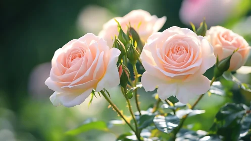 Peach Roses in Sunlight with Green Garden Background.
