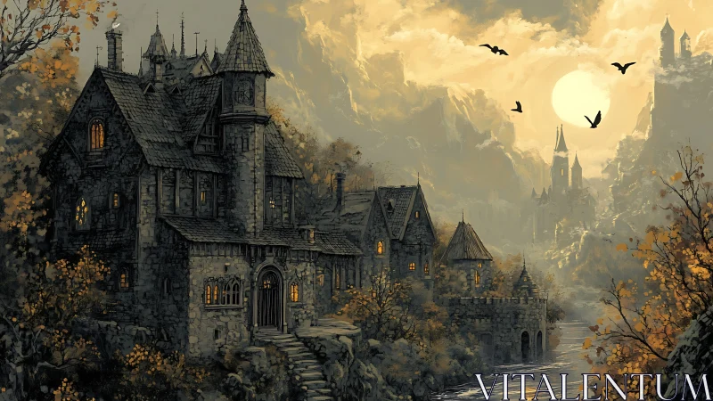 Haunted riverside manor glows beneath a vast autumn moon.