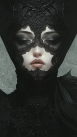 Masked woman in ornate black gothic costume portrait.