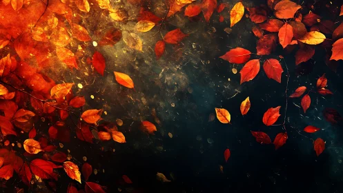 Burnished autumn leaves swirling over dark ethereal void.