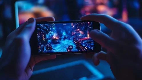 Neon-thumb warrior storming a sci fi battlefield on mobile.