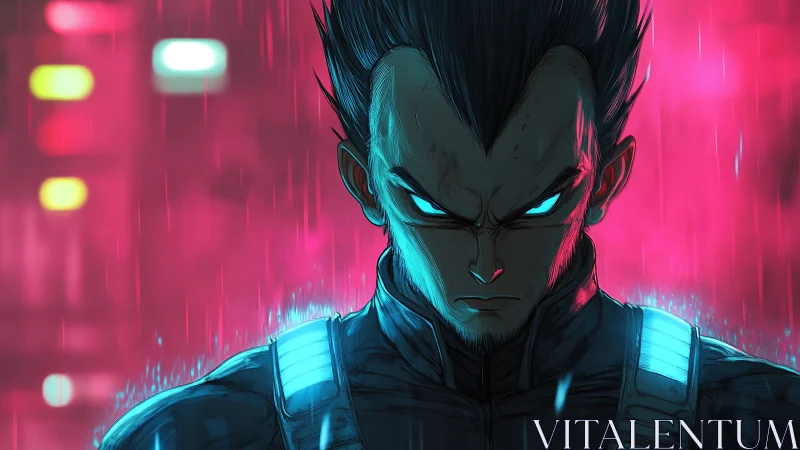 Neon lit anime warrior portrait in rainy urban night scene.