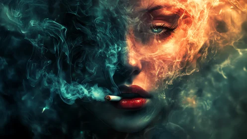 Smoldering portrait entwined with teal and ember smoke.