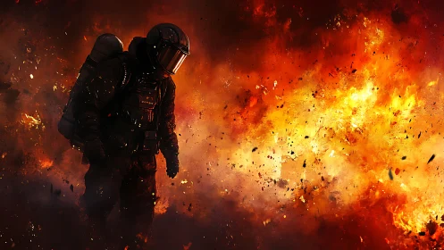 Armored Figure in Explosive Fire Environment.